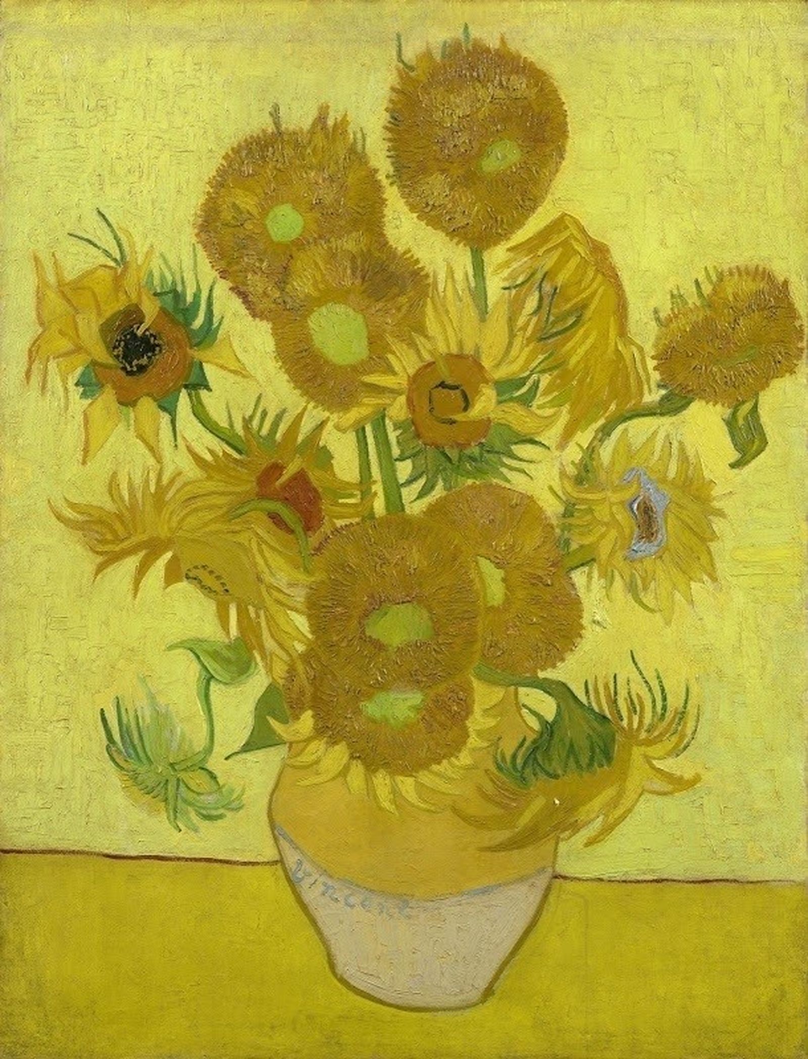 Vista parcial de uno de los cinco lienzos de girasoles que pintó Van Gogh, propiedad del museo que lleva su nombre en Ámsterdam.