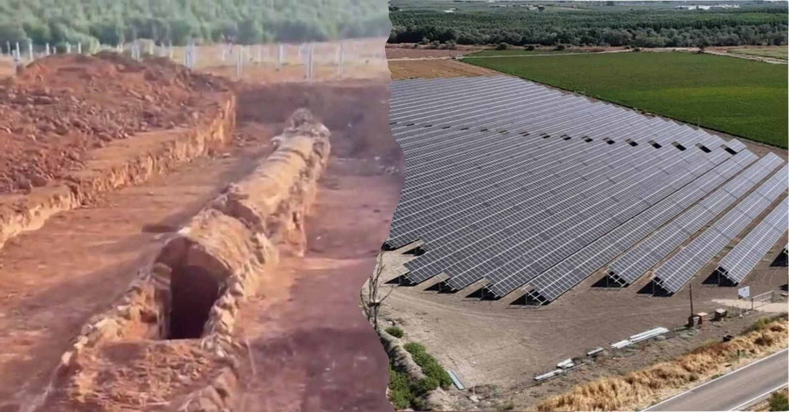 A la izquierda, los restos hallados en Andújar, y, a la derecha, una planta fotovoltaica en Marmolejo. A la izquierda, los restos hallados en Andújar, y, a la derecha, una planta fotovoltaica en Marmolejo.