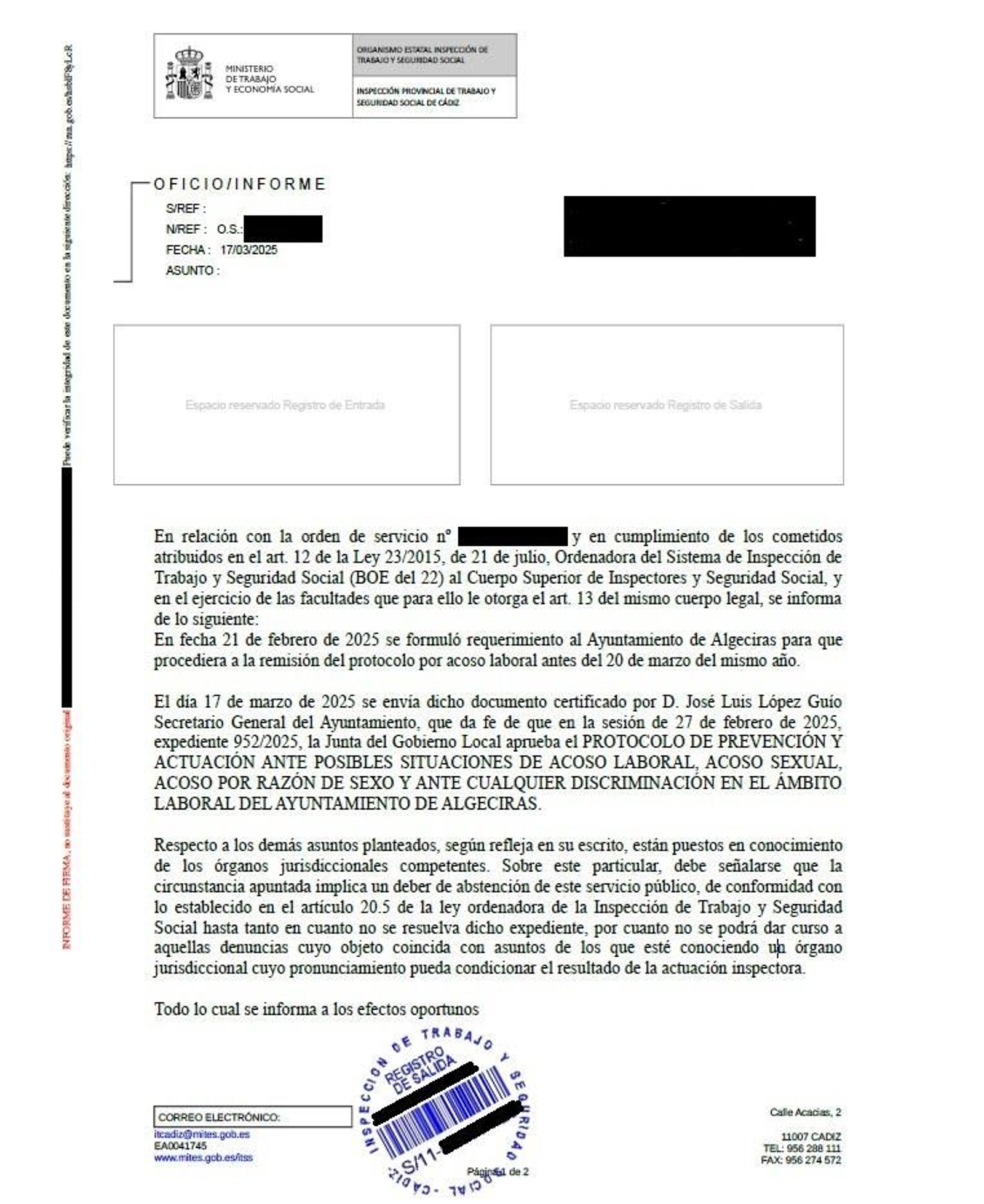El informe de la Inspección de Trabajo sobre el requerimiento del protocolo.