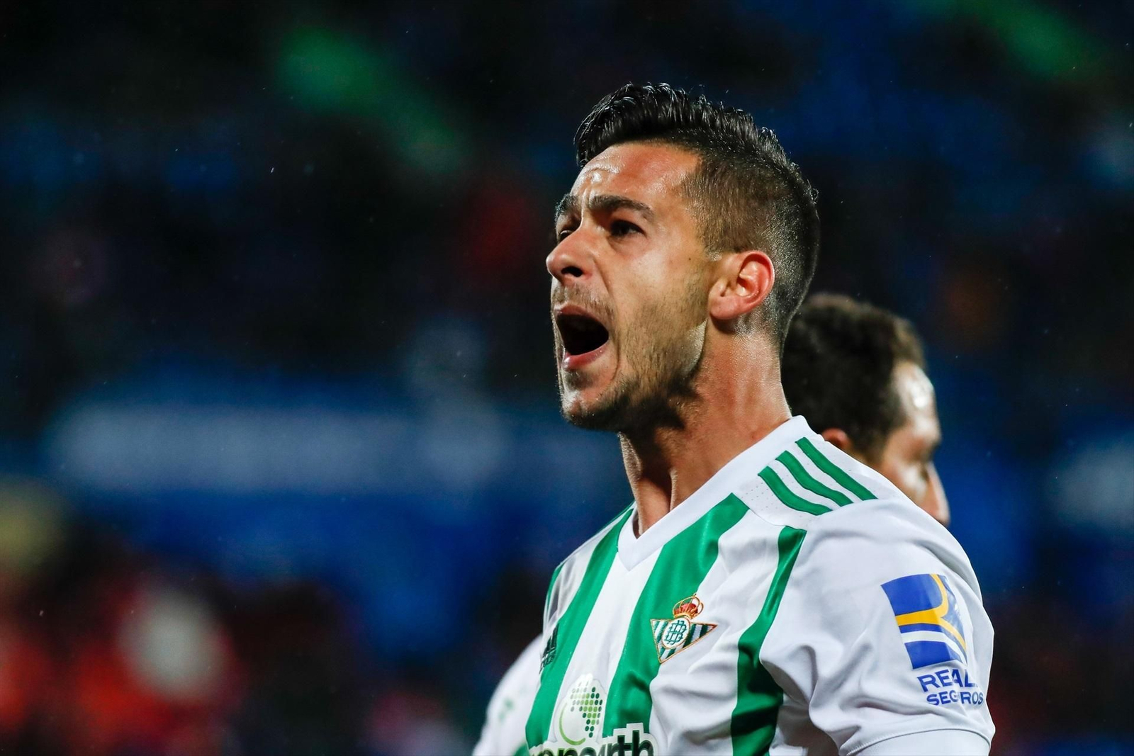 Sergio León celebra uno de sus goles con el Betis