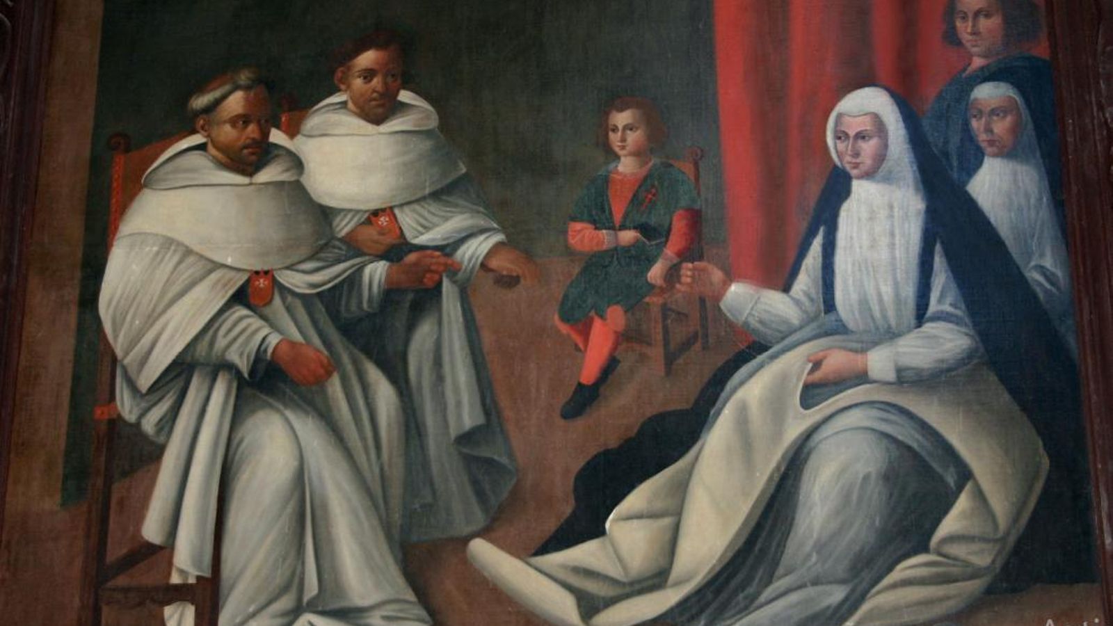 Óleo situado en el muro de la Epístola de la iglesia del convento de la Almoraima que muestra a la fundadora tejiendo uno de los hábitos de los frailes fundadores. Sentado en una silla, con el escudo de la Orden de Santiago, se halla su hijo, don Gaspar Juan de Saavedra, III conde de Castellar.