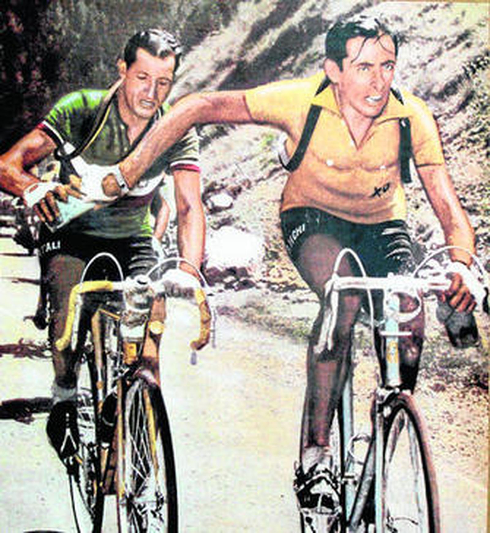 El célebre relevo del bidón de agua entre Bartali (i) y Coppi en el Tour de Francia de 1949.