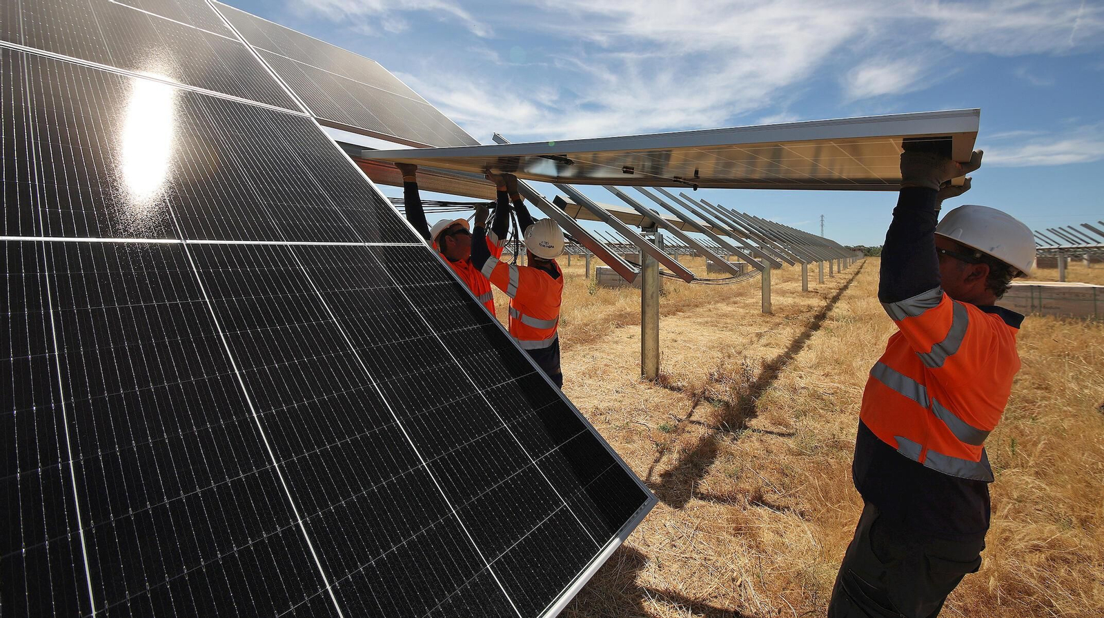 Varios operarios instalando los paneles solares de una planta fotovoltaica construida en Jerez.