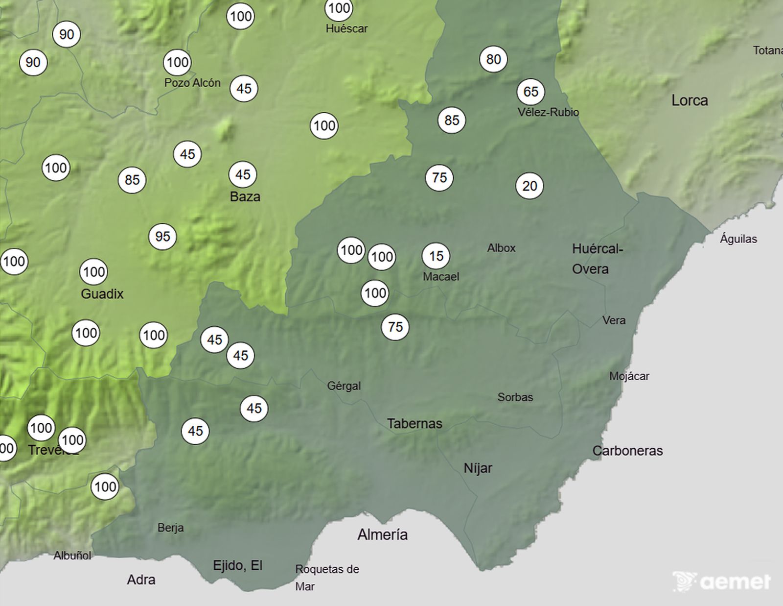 Probabilidad de nevadas (en %) para la noche del viernes 23 de enero según Aemet.