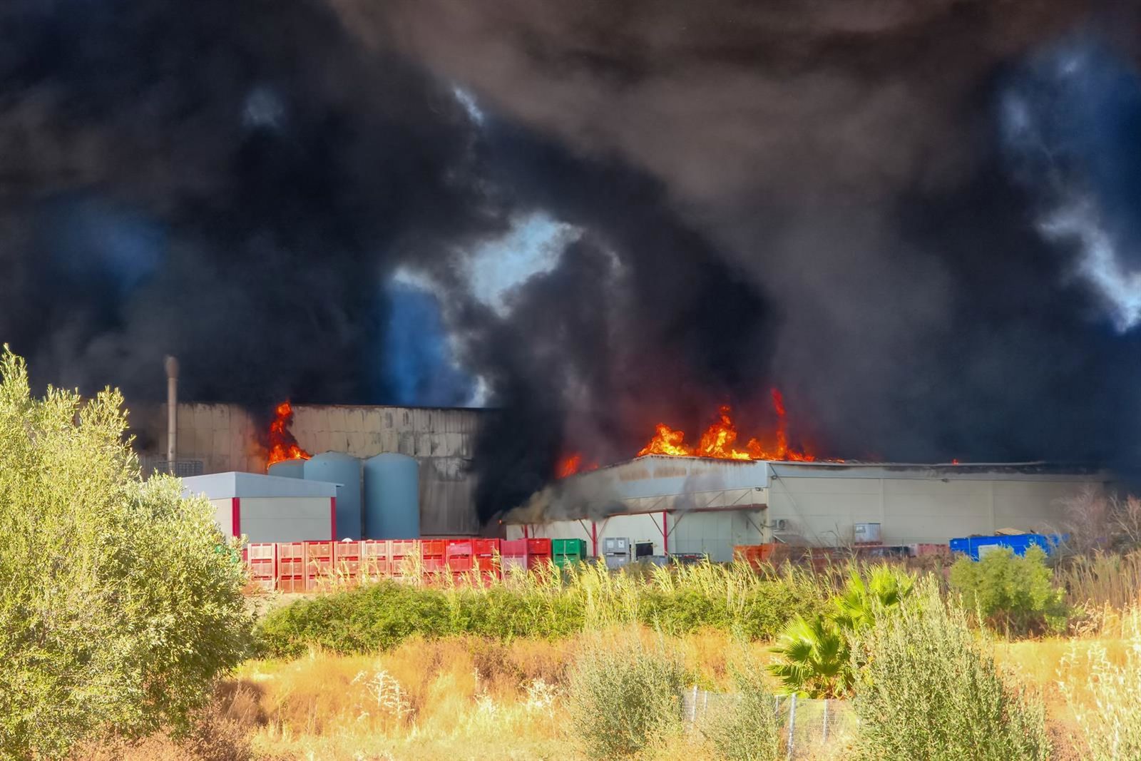 Aspecto que presentaba el incendio de una fábrica en Burguillos