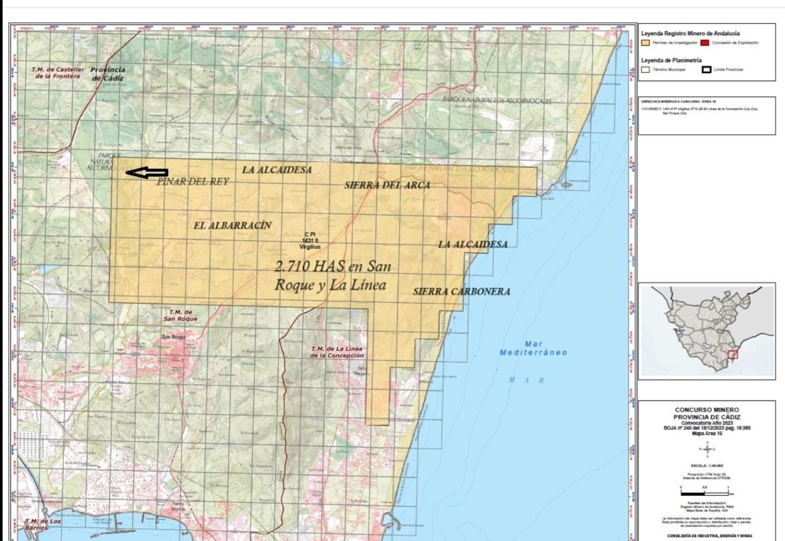 El mapa de la zona denominada Virgilius autorizada para la investigación minera.