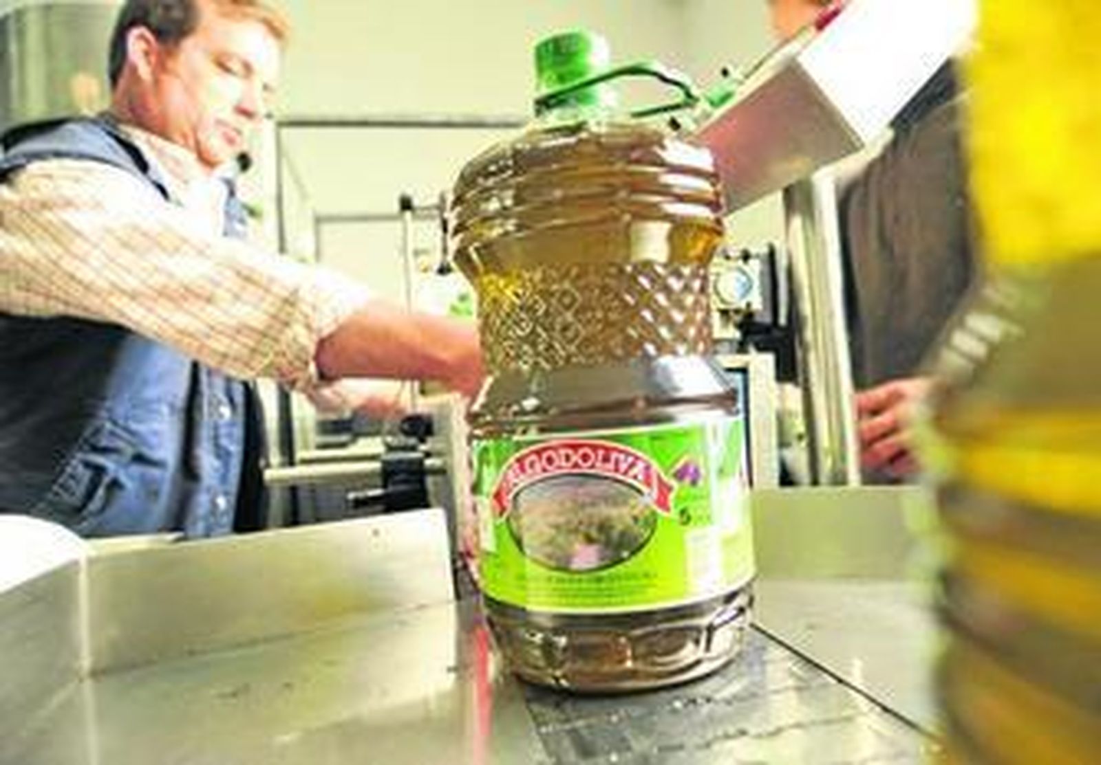 Un trabajador envasando aceite ayer en la cooperativa del Rosario, en Algodonales.