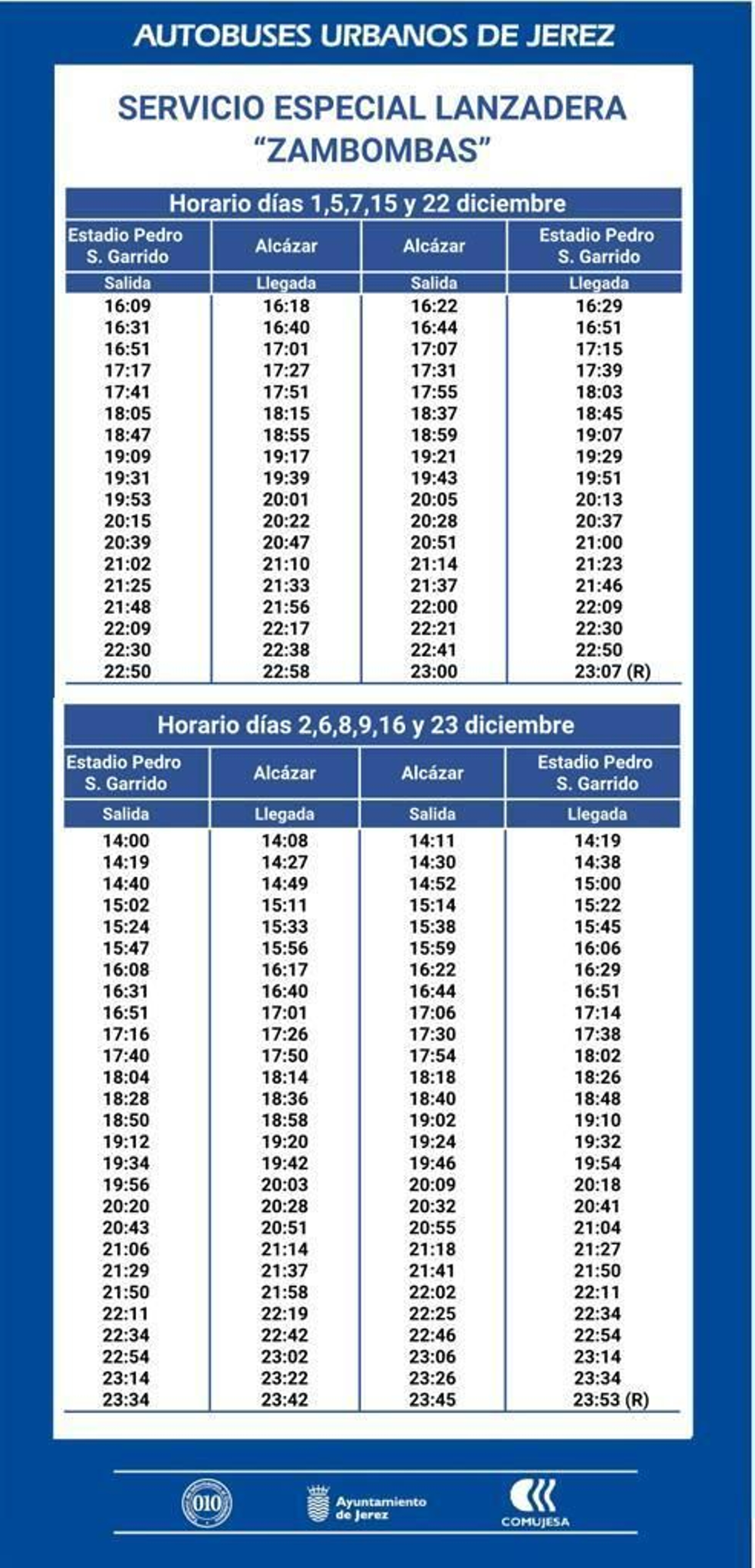 Horarios del autobús lanzadera desde la explanada Pedro Garrido.