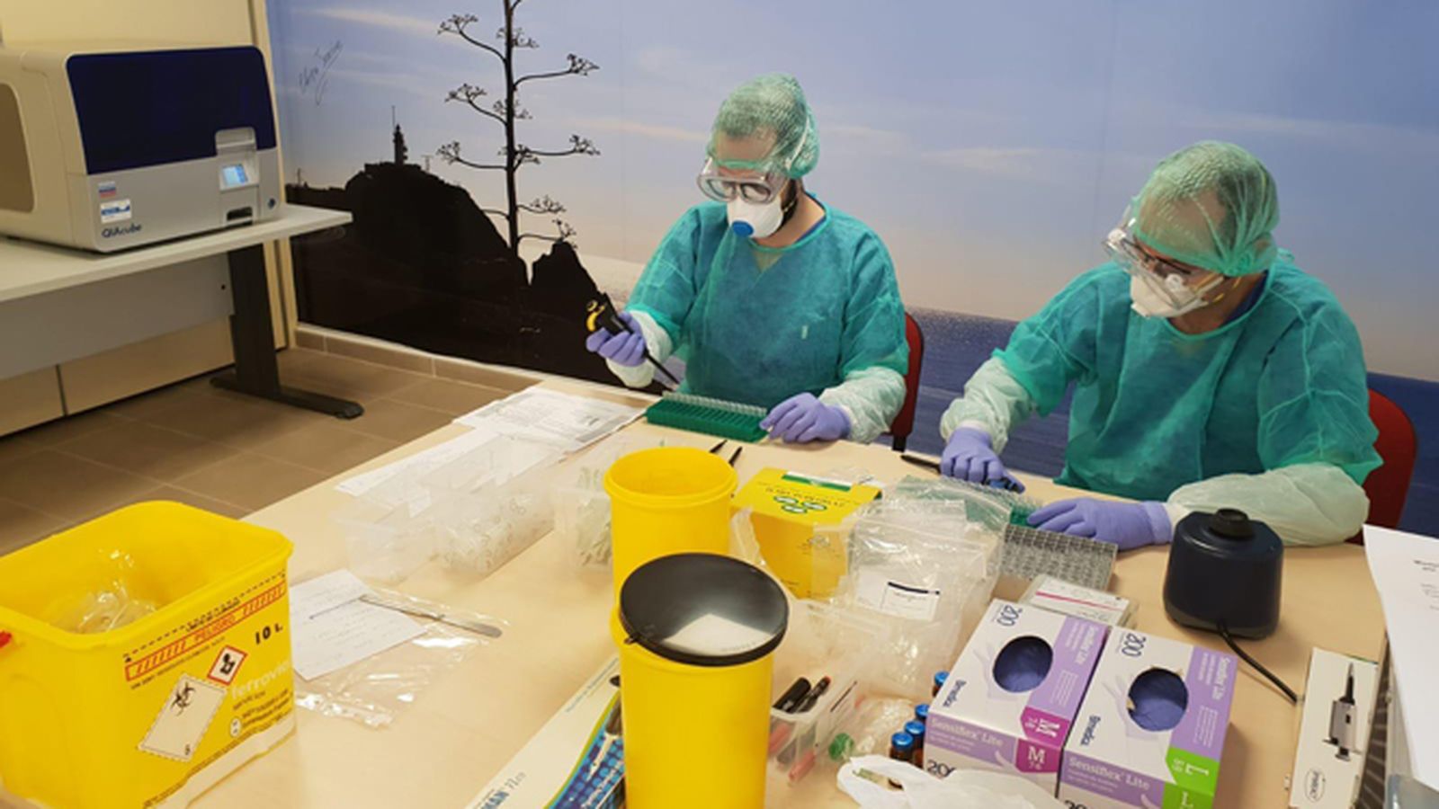 Personal sanitario analiza muestras para detectar el SARS-CoV-2.