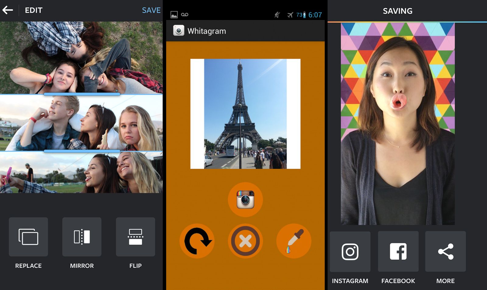 Vista de las aplicaciones de edición de imágenes Layout, Whitagram y Boomerang.