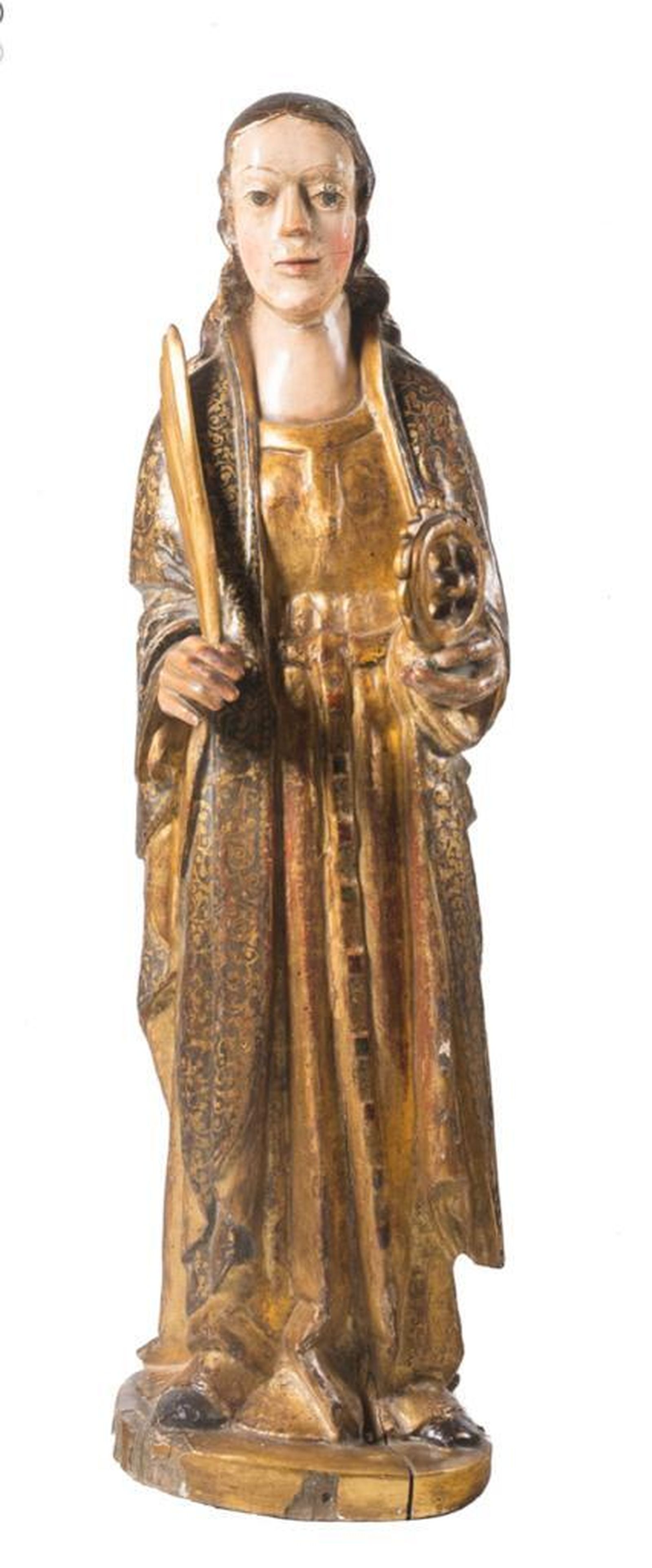 Santa Catalina de Alejandría. Escuela hispano flamenca principios del siglo XVI (103 cm de altura) Escultura en madera tallada policromada.