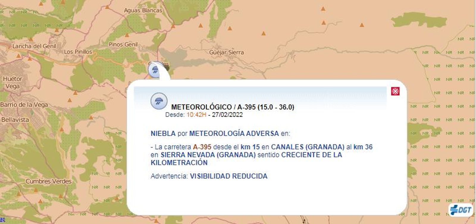 Aviso de la DGT por niebla en esta carretera de Granada