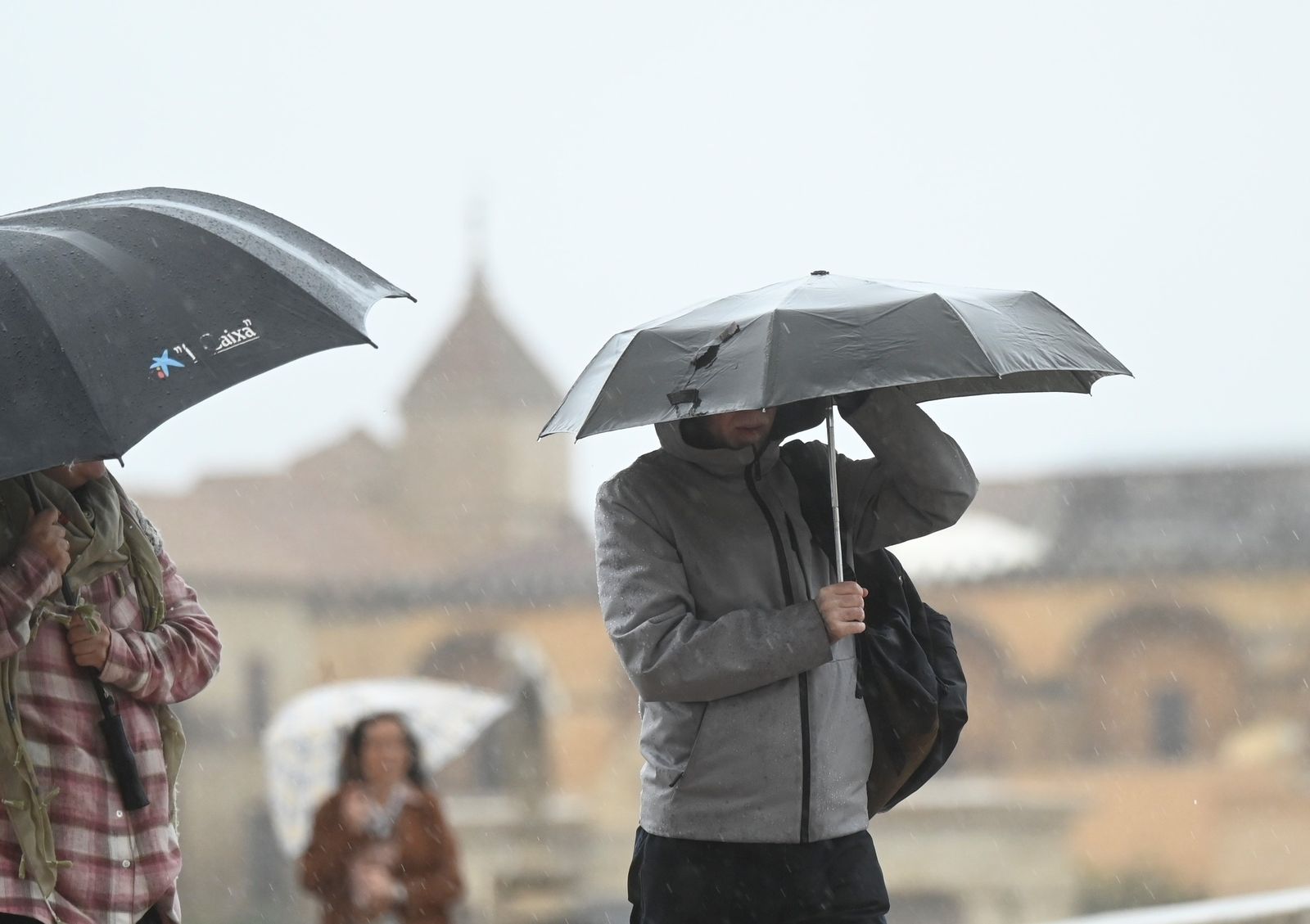 Varias personas se protegen de la lluvia en el Puente Romano de Córdoba.