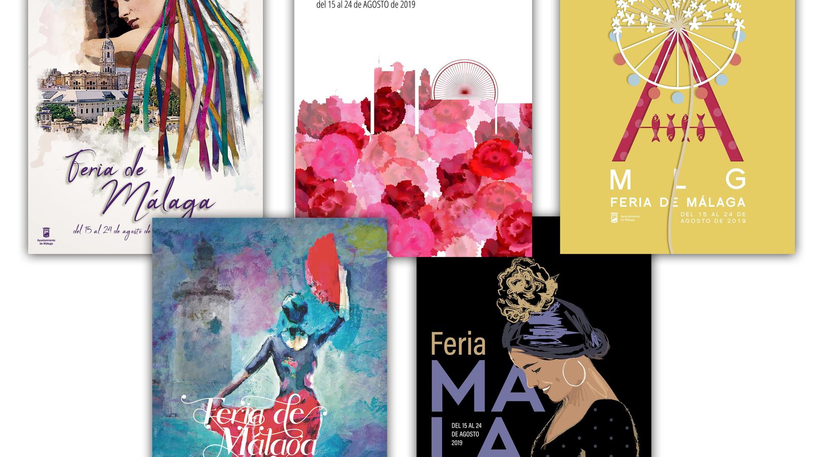 Los cinco carteles finalistas de la Feria de Málaga 2019.