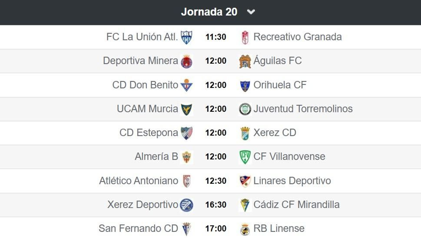Horarios de la vigésima jornada del grupo IV de Segunda Federación Horarios de la vigésima jornada del grupo IV de Segunda Federación