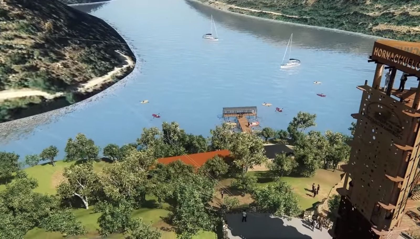 Proyección virtual del complejo de ocio, con la torre de observación a la derecha.