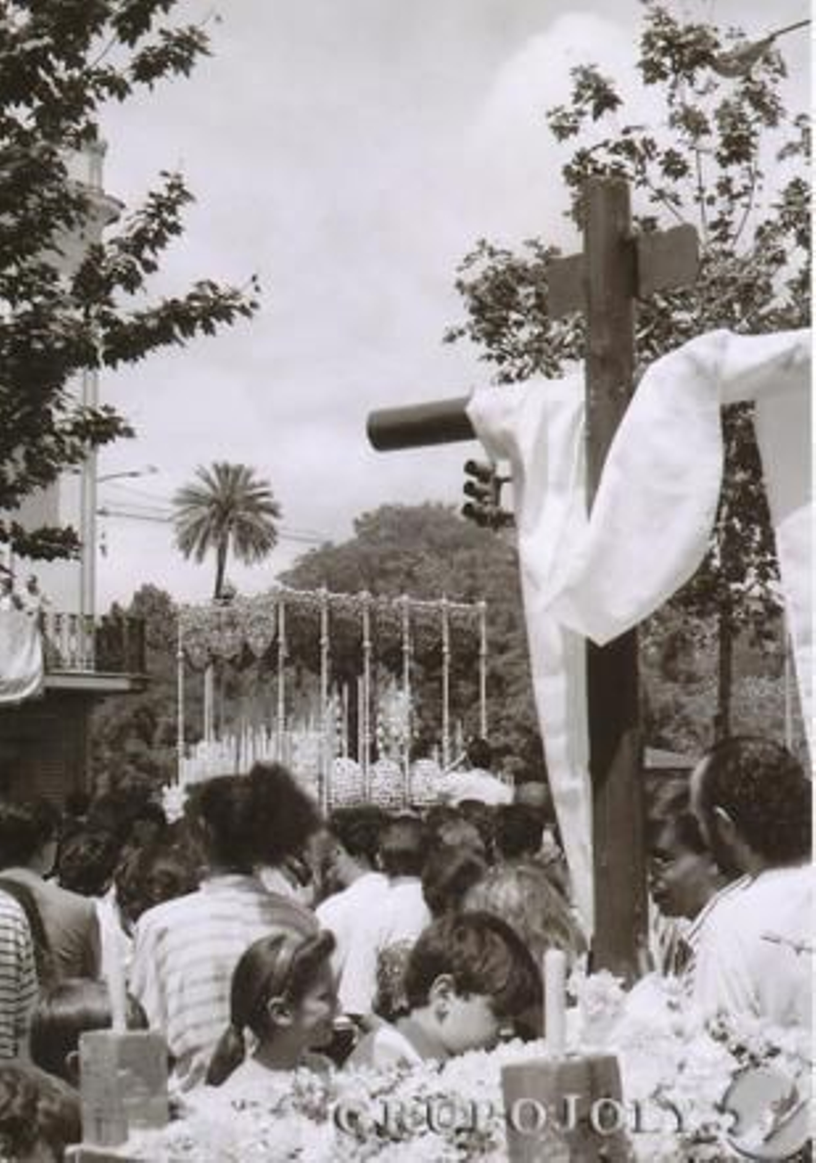 Una Cruz de Mayo, con el palio de la Macarena al fondo.

Foto: Jesús Martín Cartaya