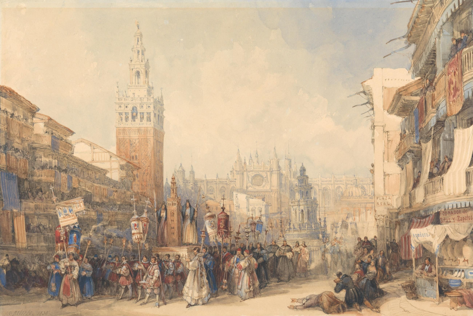 David Roberts, Plaza Real y Procesión, 1835, aguada sobre papel, 257 x 381 mm. New Haven, CT, Yale Center for British Art. Dominio Público
