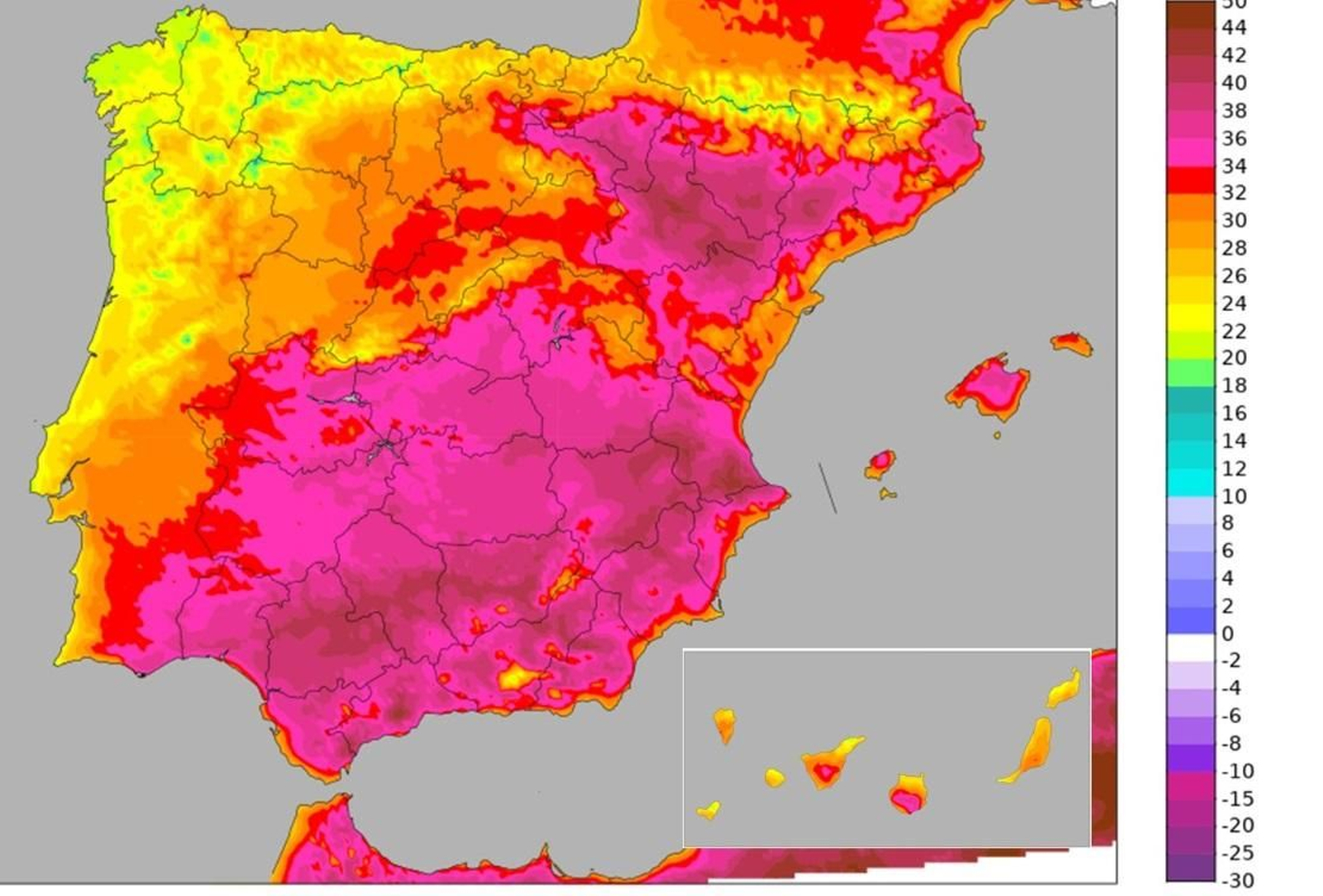 Temperaturas máximas previstas para el jueves, según la AEMET.