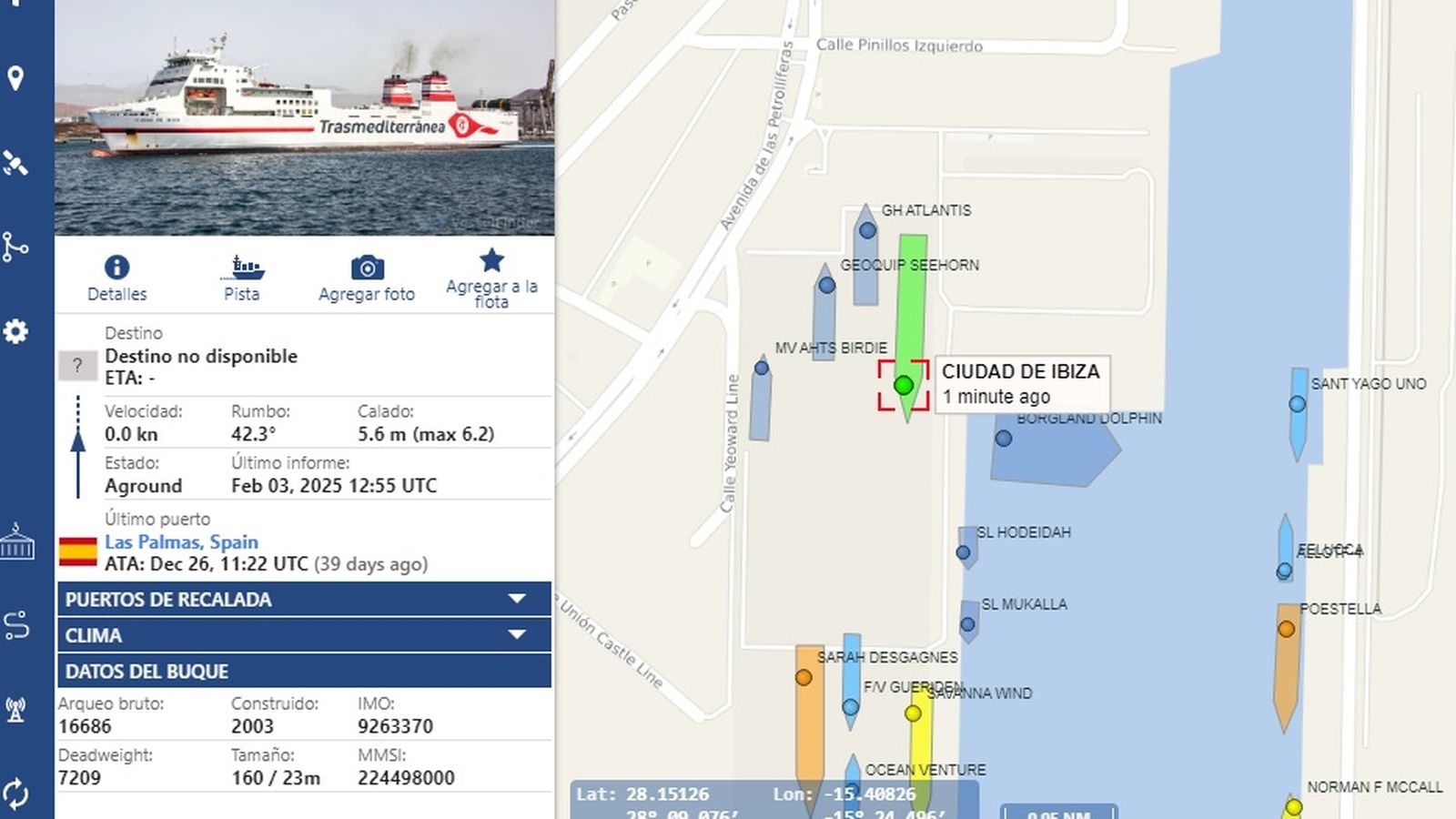 Ubicacion a día de hoy del buque Ciudad de Ibiza, en las Palmas