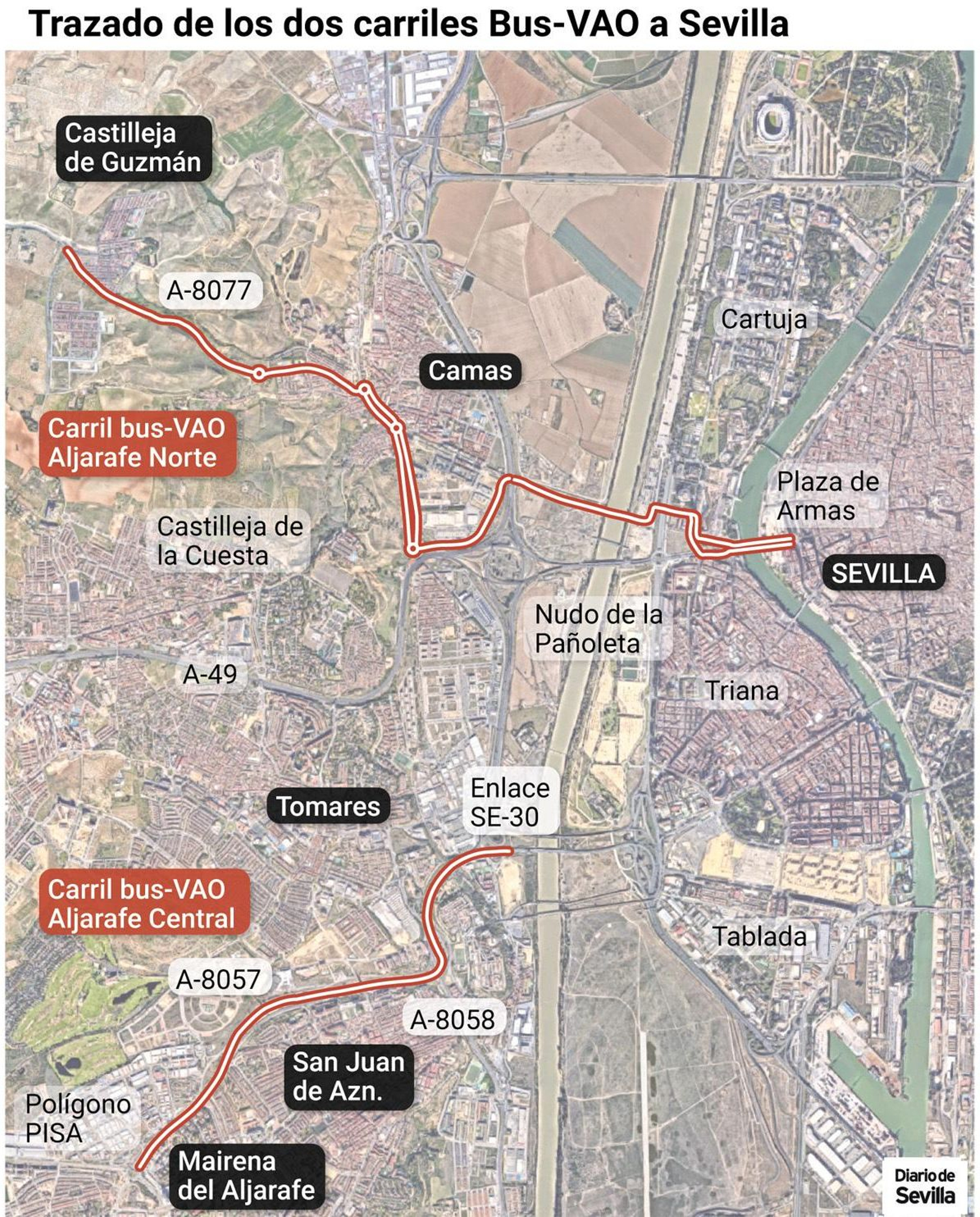 Trazado de los dos carriles Bus-VAO licitados en el Aljarafe.