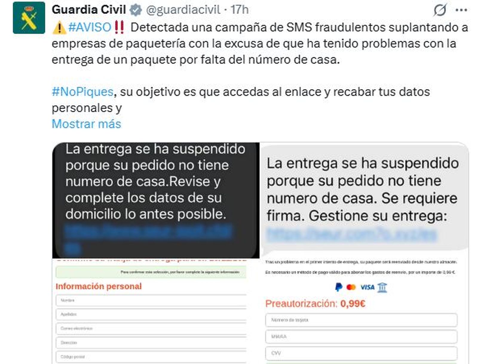 Captura del aviso de la camapaña lanzada por la Guardia Civil.