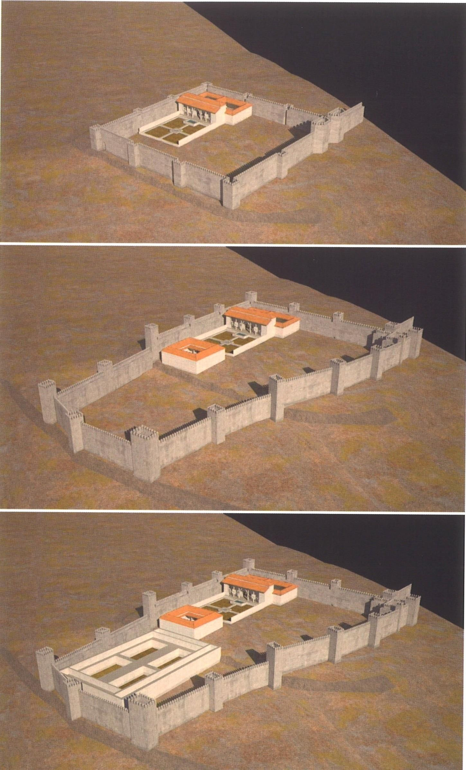 Evolución del primer recinto de norte a sur: palacio fundacional, palacio del yeso y palacio del crucero (siglos XI y XII).