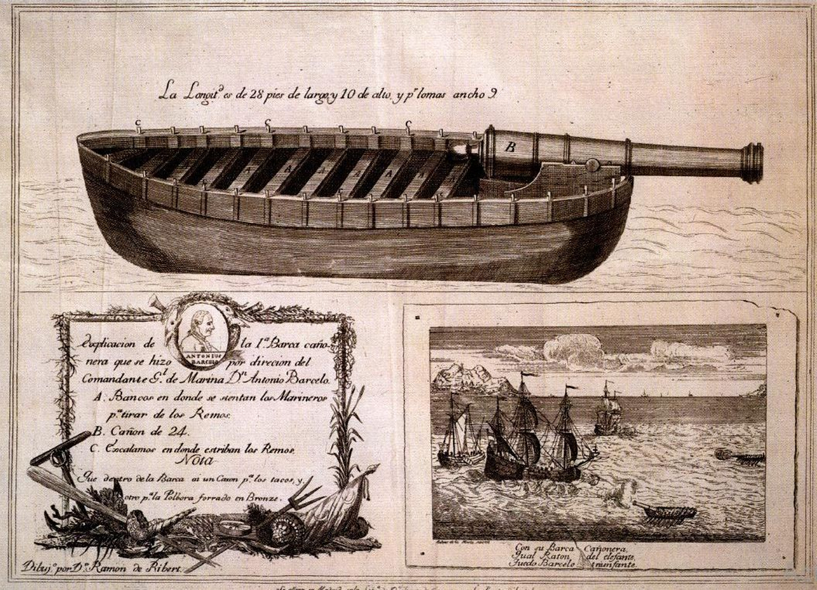 Lancha cañonera diseñada por don Antonio Barceló para el sitio de Gibraltar. Fueron construidas en los astilleros de Algeciras (Museo Naval de Madrid).