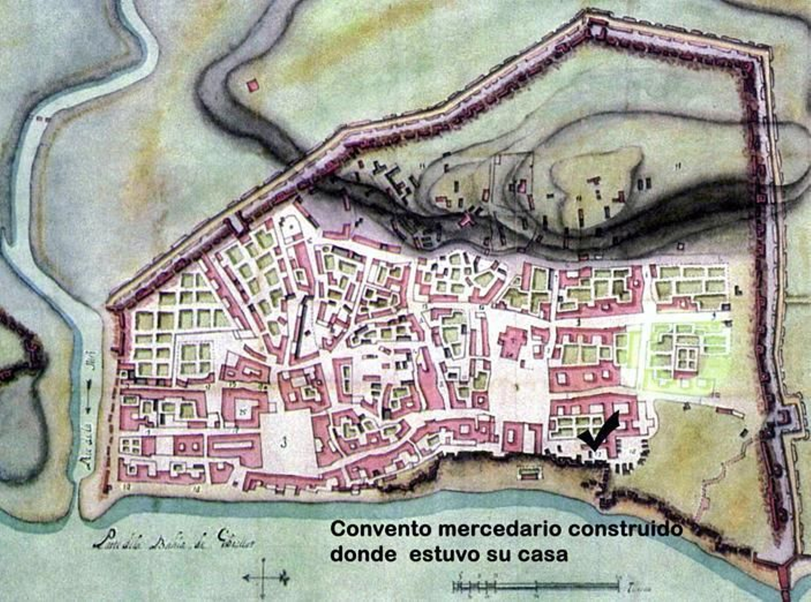 Plano del siglo XVIII, de la serie Verboom, mostrando la posición del domicilio de Ontañón, donde posteriormente se levantó el convento de La Merced