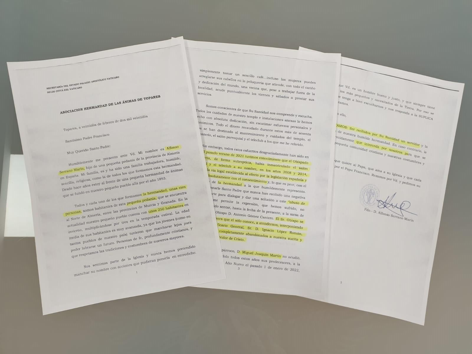 Carta que el presidente de la Hermandad de Ánimas ha enviado al Papa Francisco