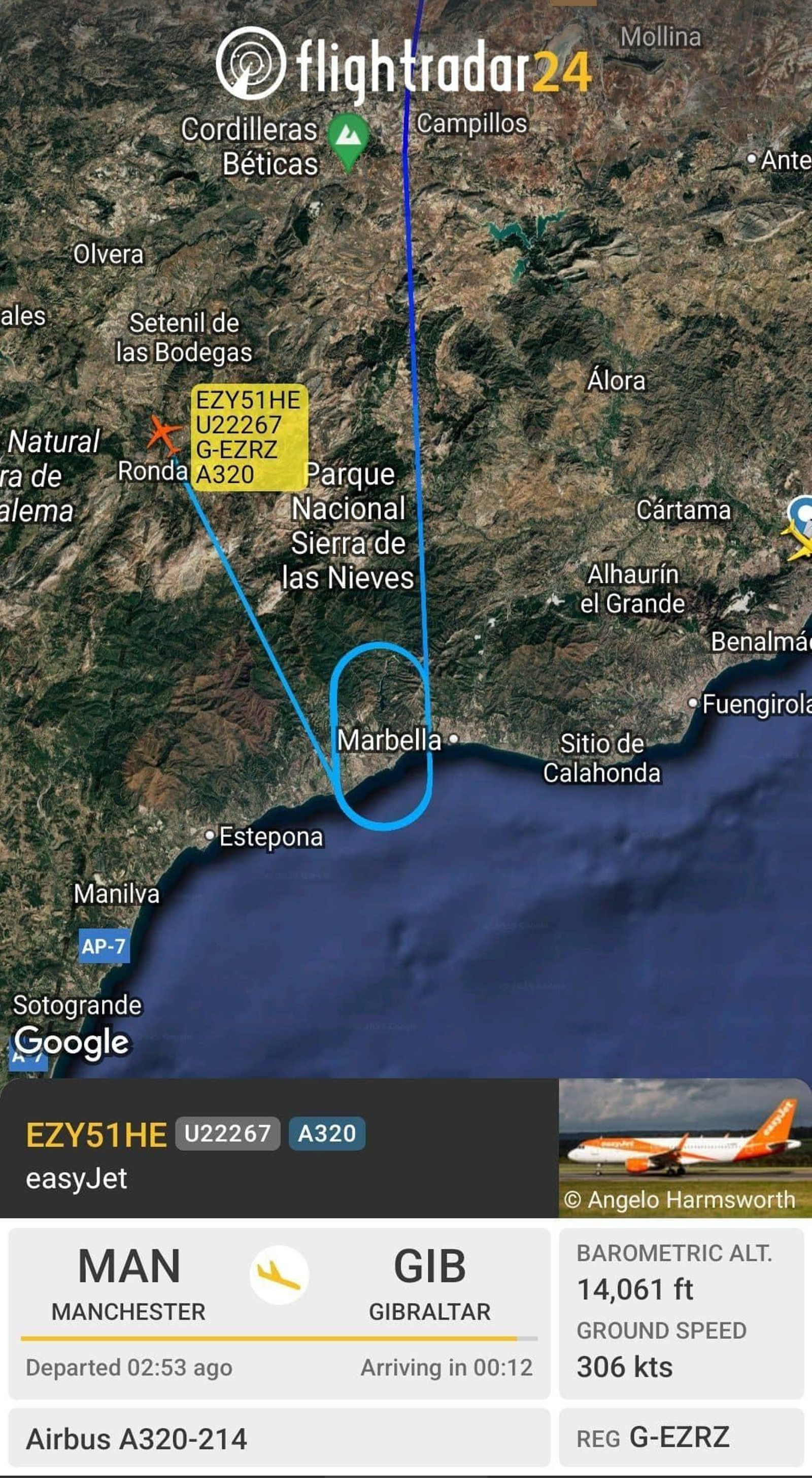 La trayectoria del avión rumbo a Sevilla.