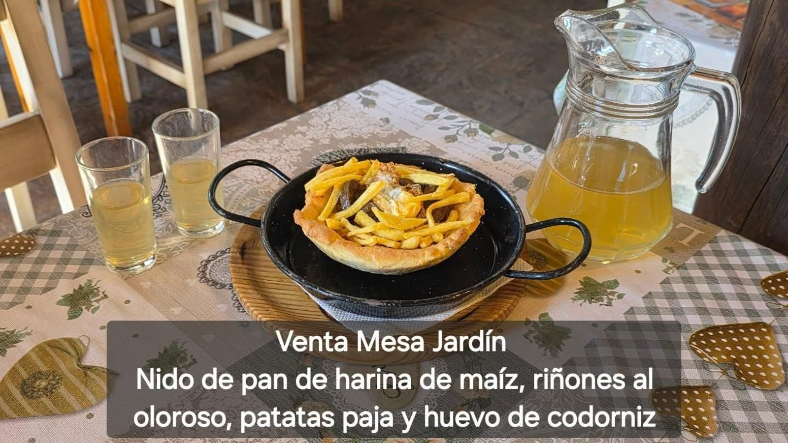 Venta Mesa Jardín - Nido de pan de harina de maíz, riñones al oloroso, patatas paja y huevo de codorniz