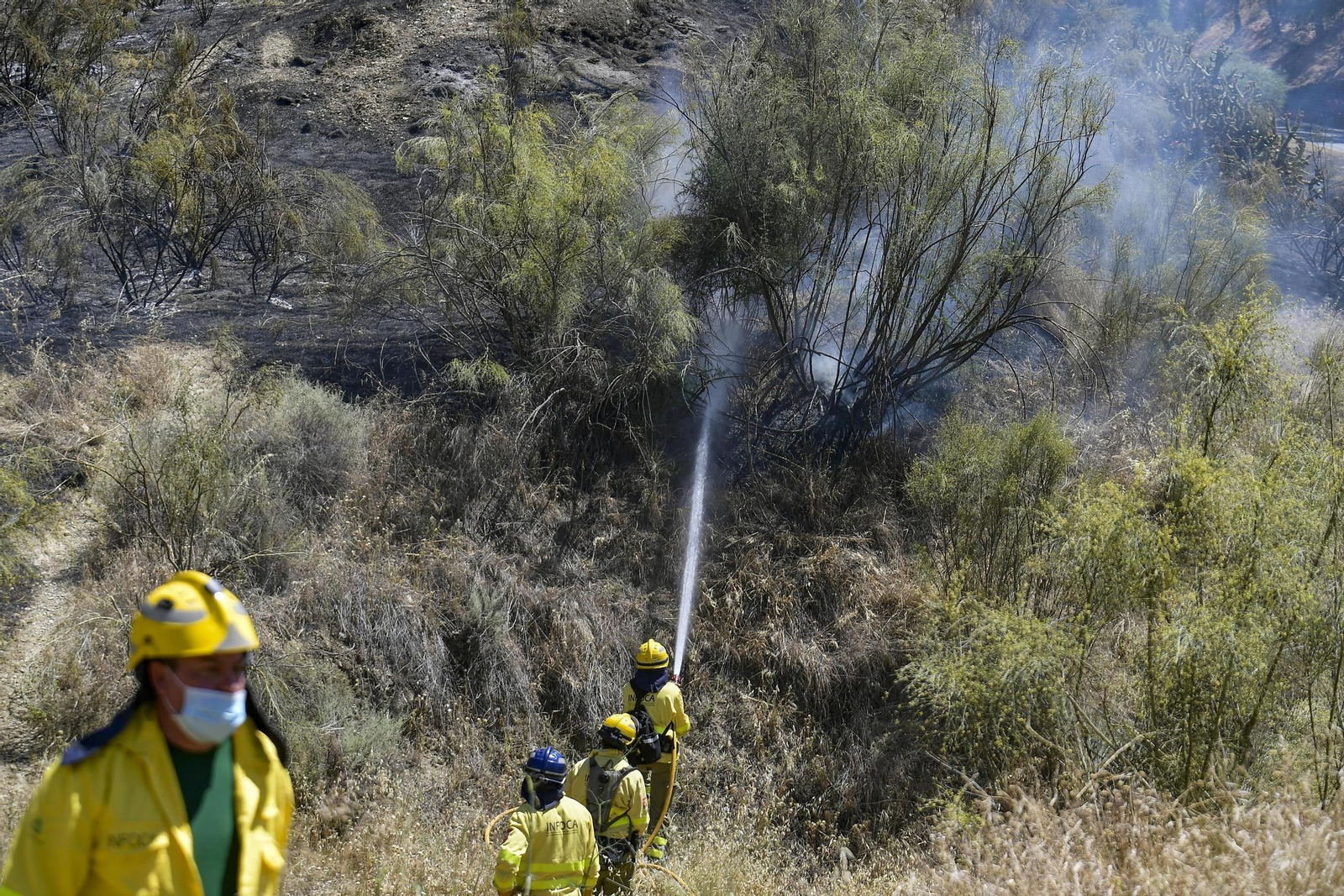 Bomberos en las labores de extinción del incendio declarado en Cenes de la Vega, cerca de Granada