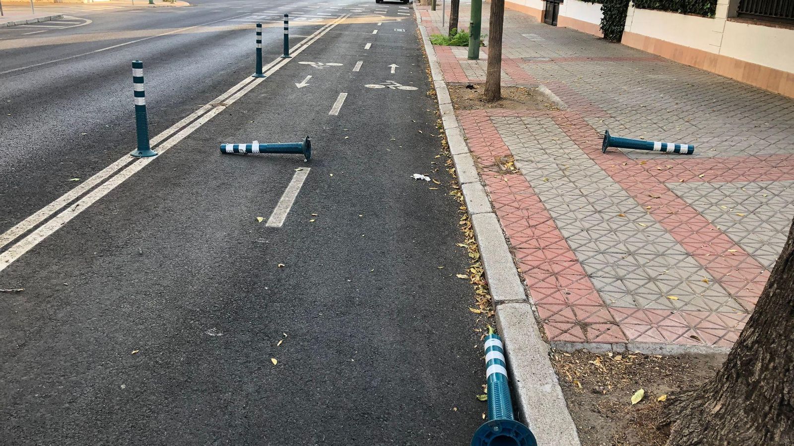 Bolardos destrozados en el carril bici de Padre García Tejero,