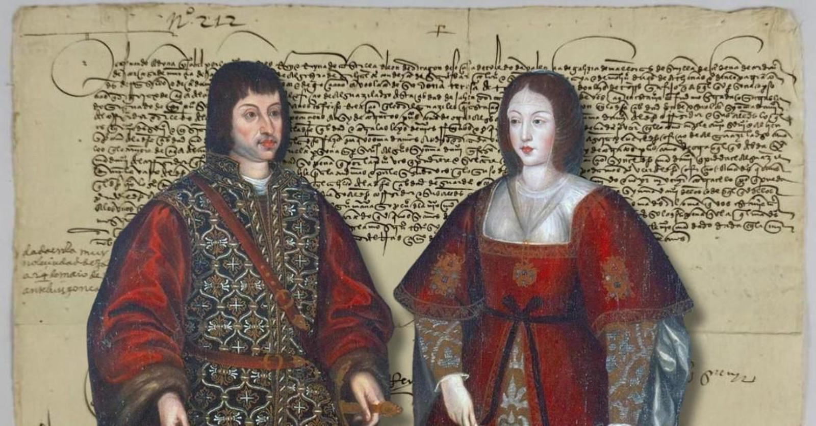Retrato de los Reyes Católicos sobre el documento rescatado por el Archivo Histórico.