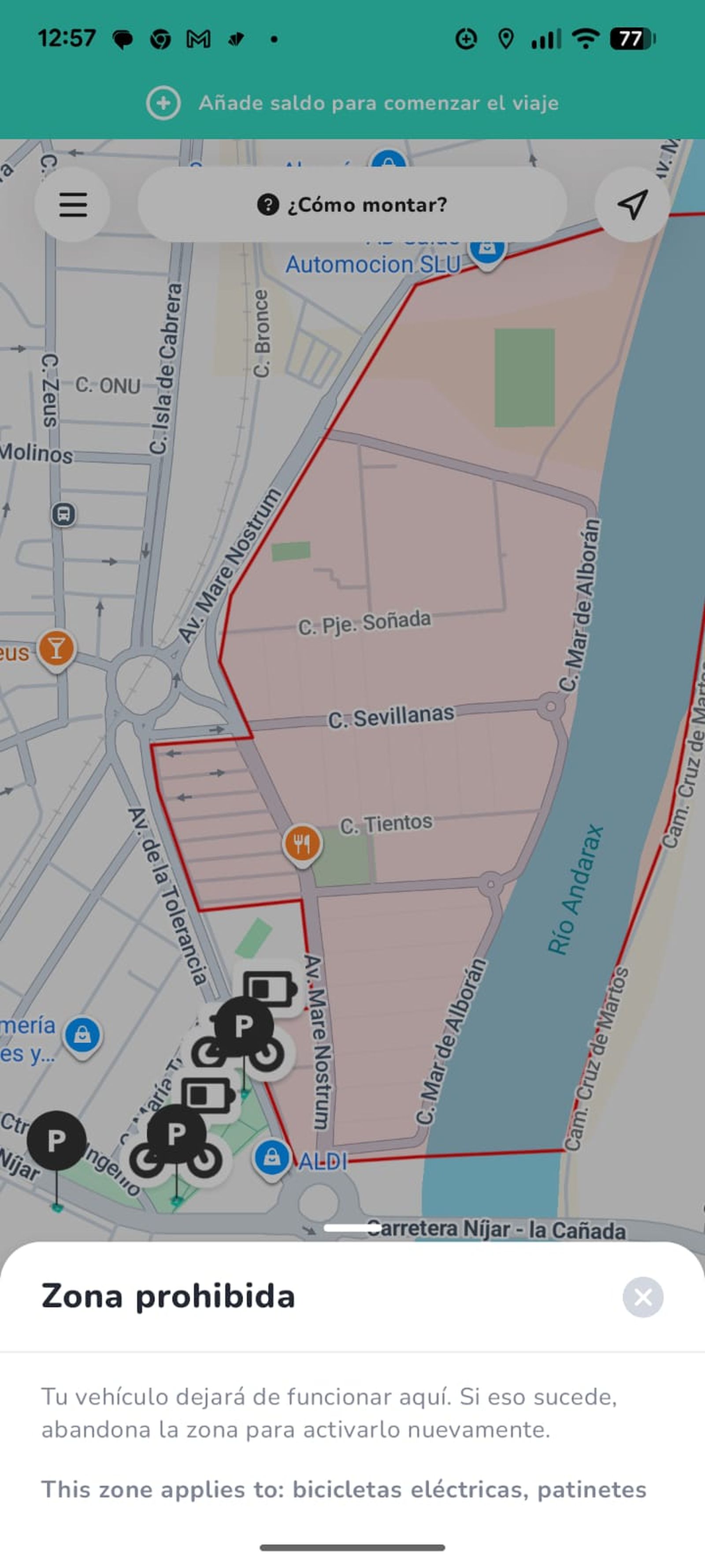 Aviso en la App de Hoppy de "zona prohibida".