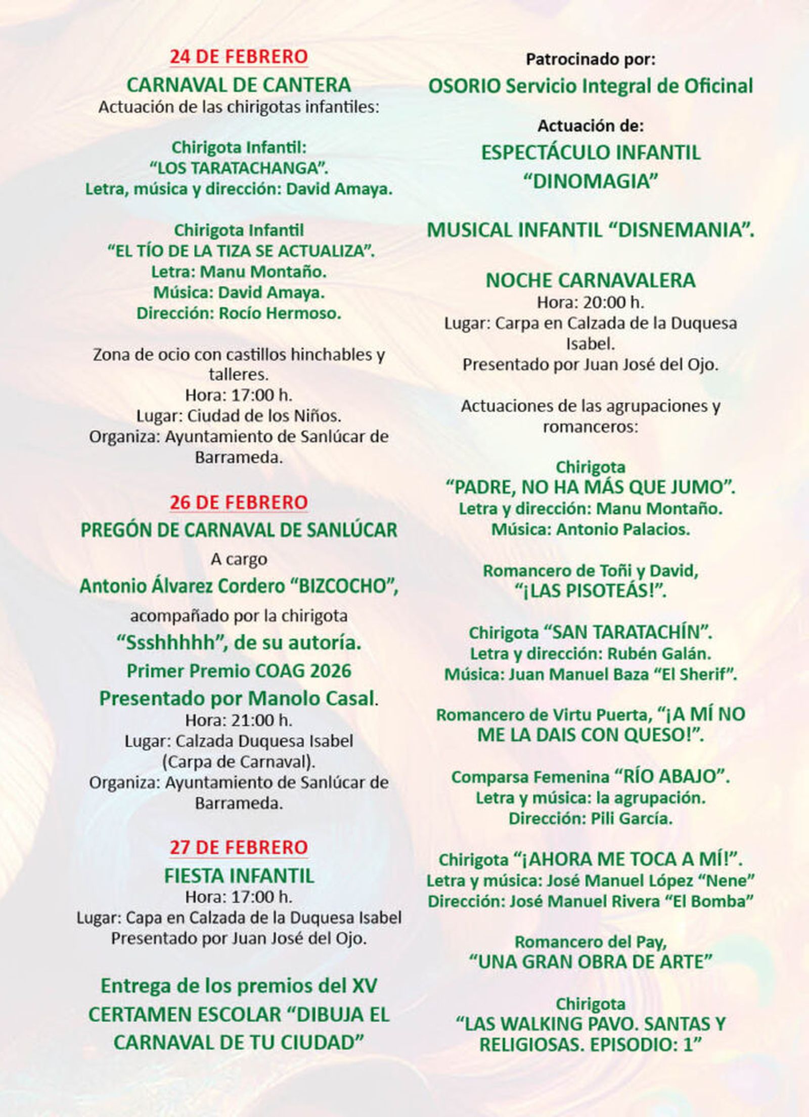 Programación del Carnaval de Sanlúcar 2026.