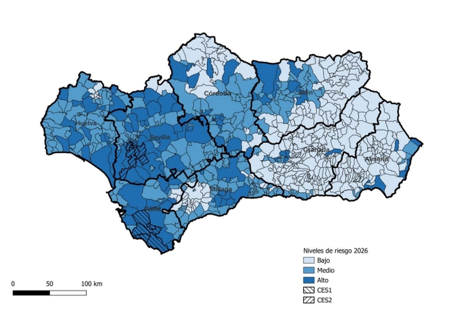 Mapa con los niveles de riesgo de circulación del Virus del Nilo Occidental.