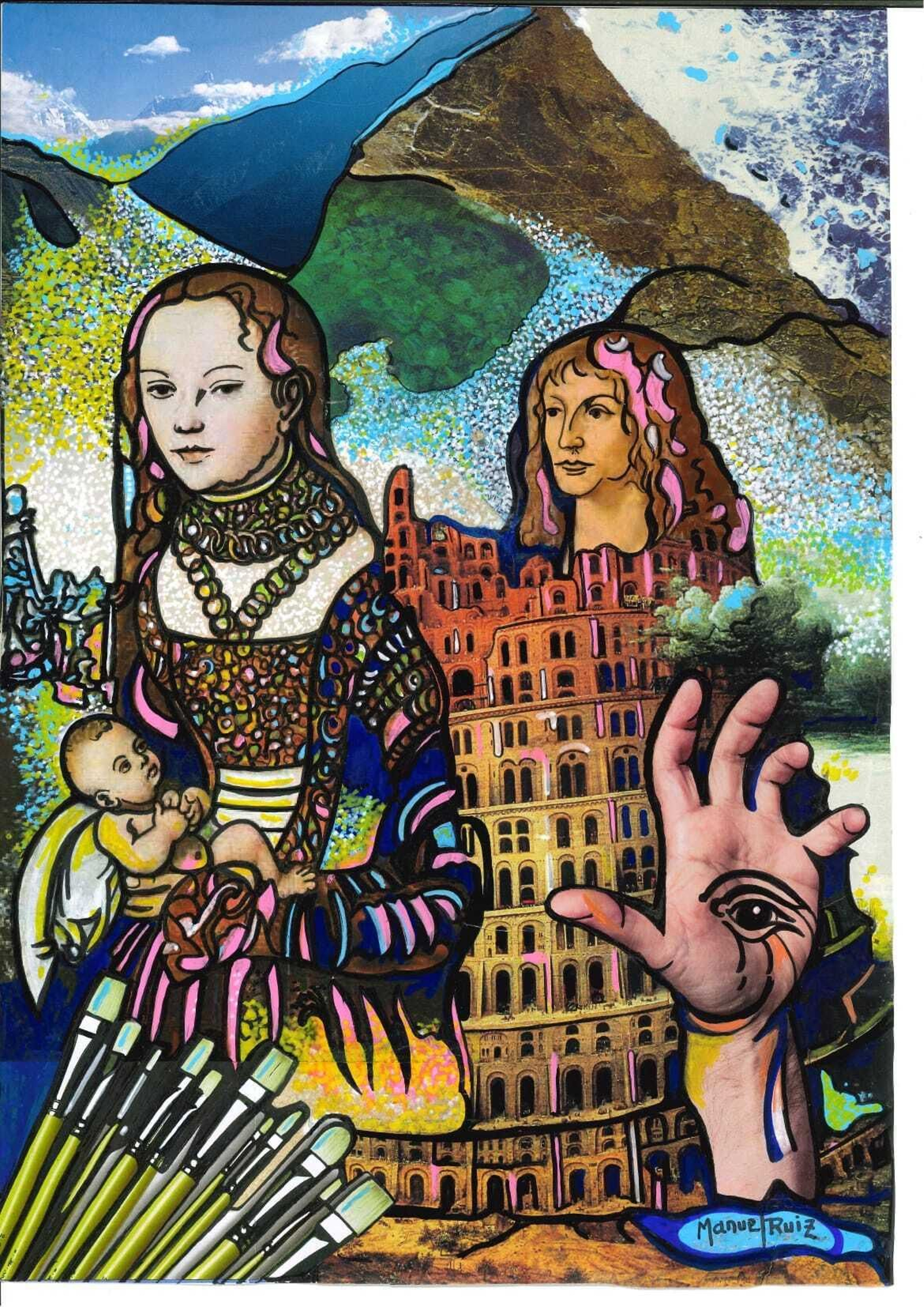 Joven madre con niño y joven sin barba de Manuel Ruiz