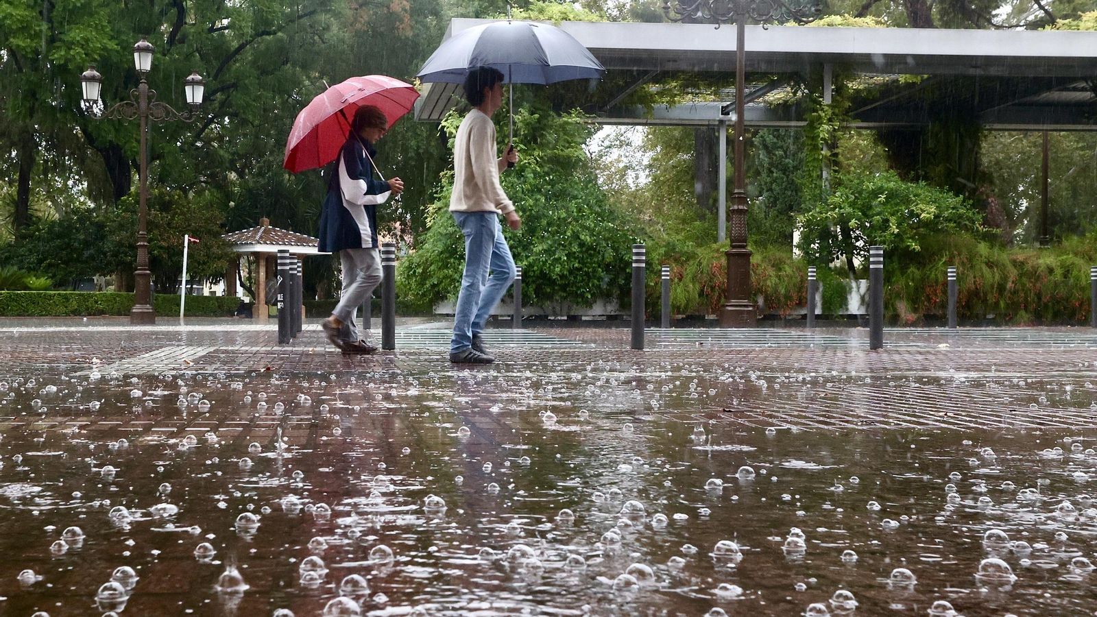 Los paraguas han vuelto este domingo lluvioso a las calles de Sevilla.