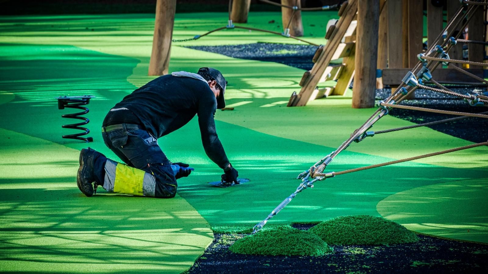 Operario colocando el suelo de seguridad en la zona de juegos infantiles del foso del Pelíkanio de Cádiz.