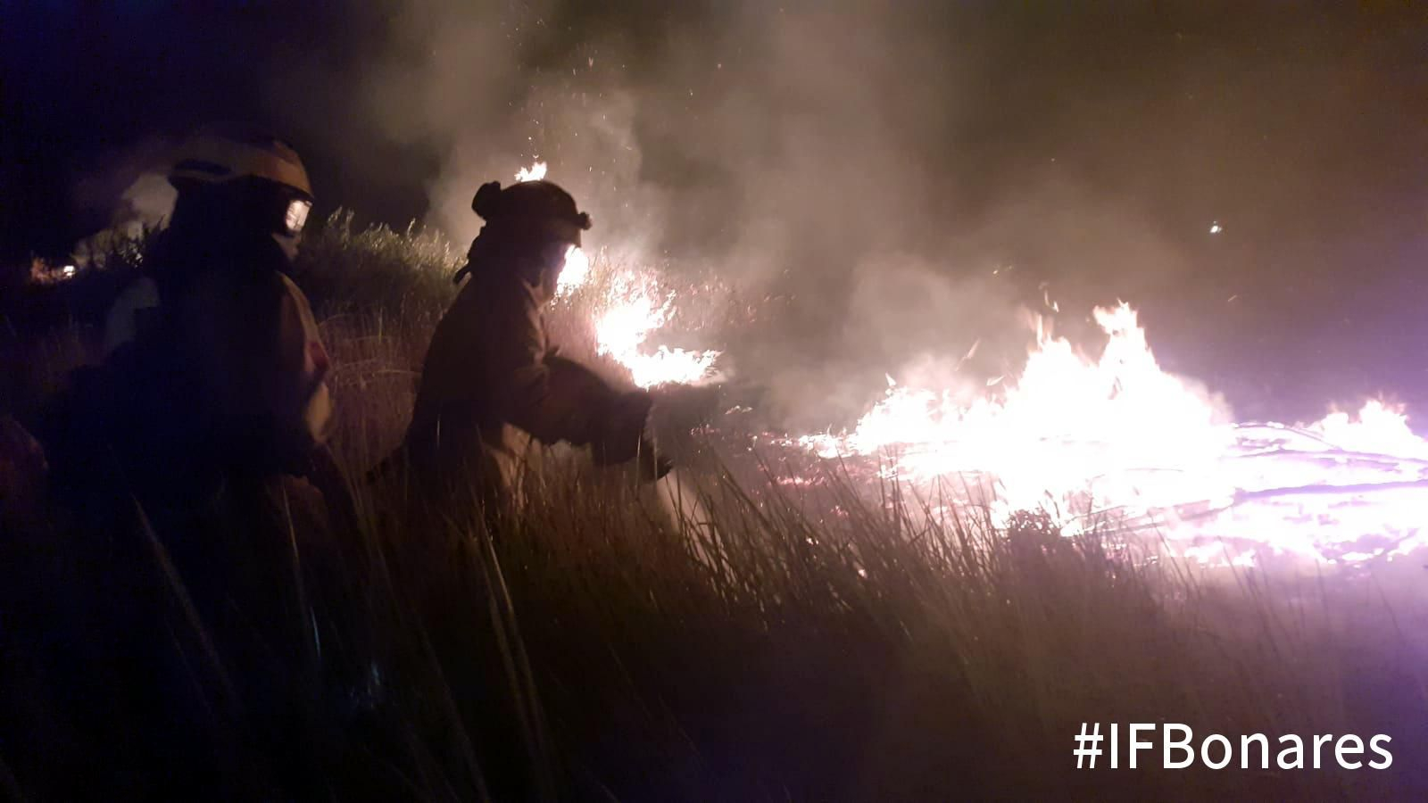 Los bomberos durante la noche.