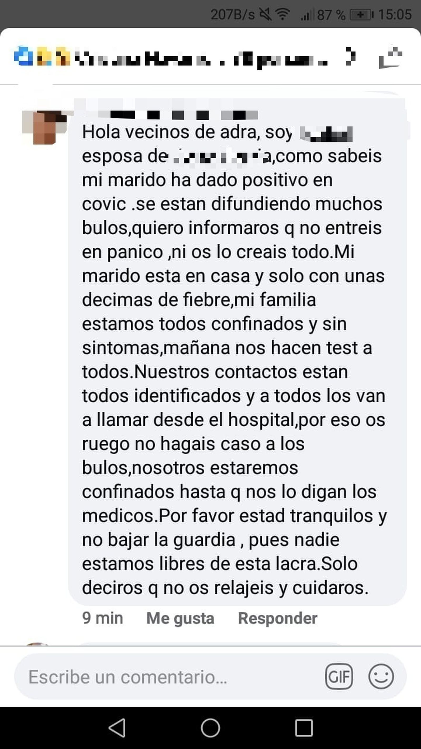 Mensaje de la mujer del empresario en Facebook.