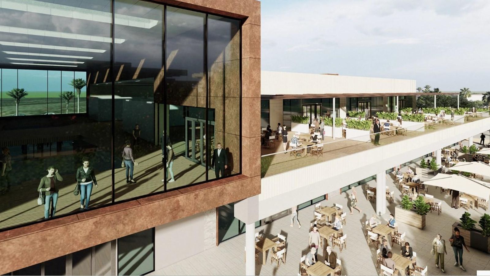 Áreas de restauración con un diseño arquitectónico contemporáneo.