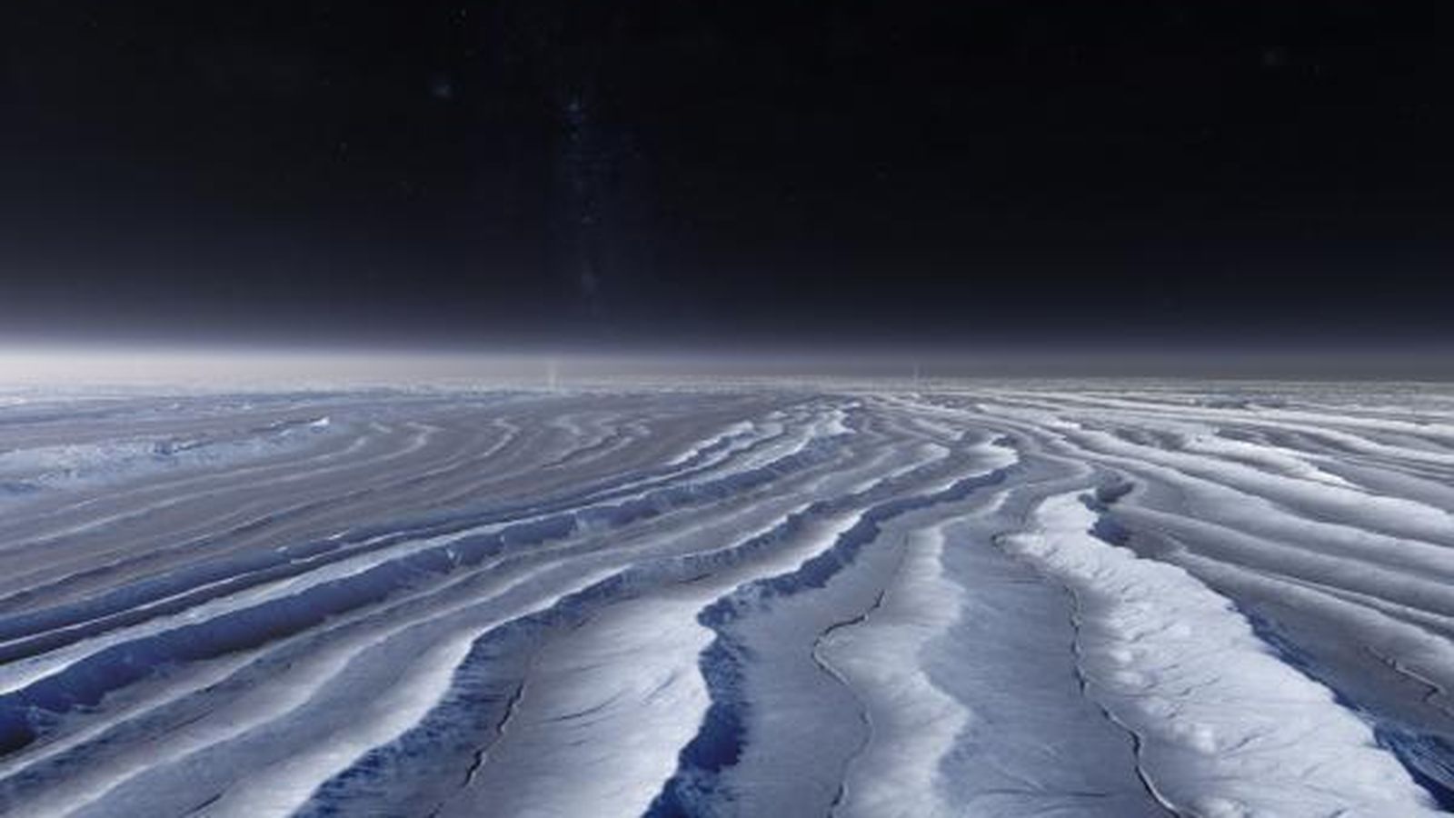 Paisaje nevado de Europa, satélite de Júpiter.