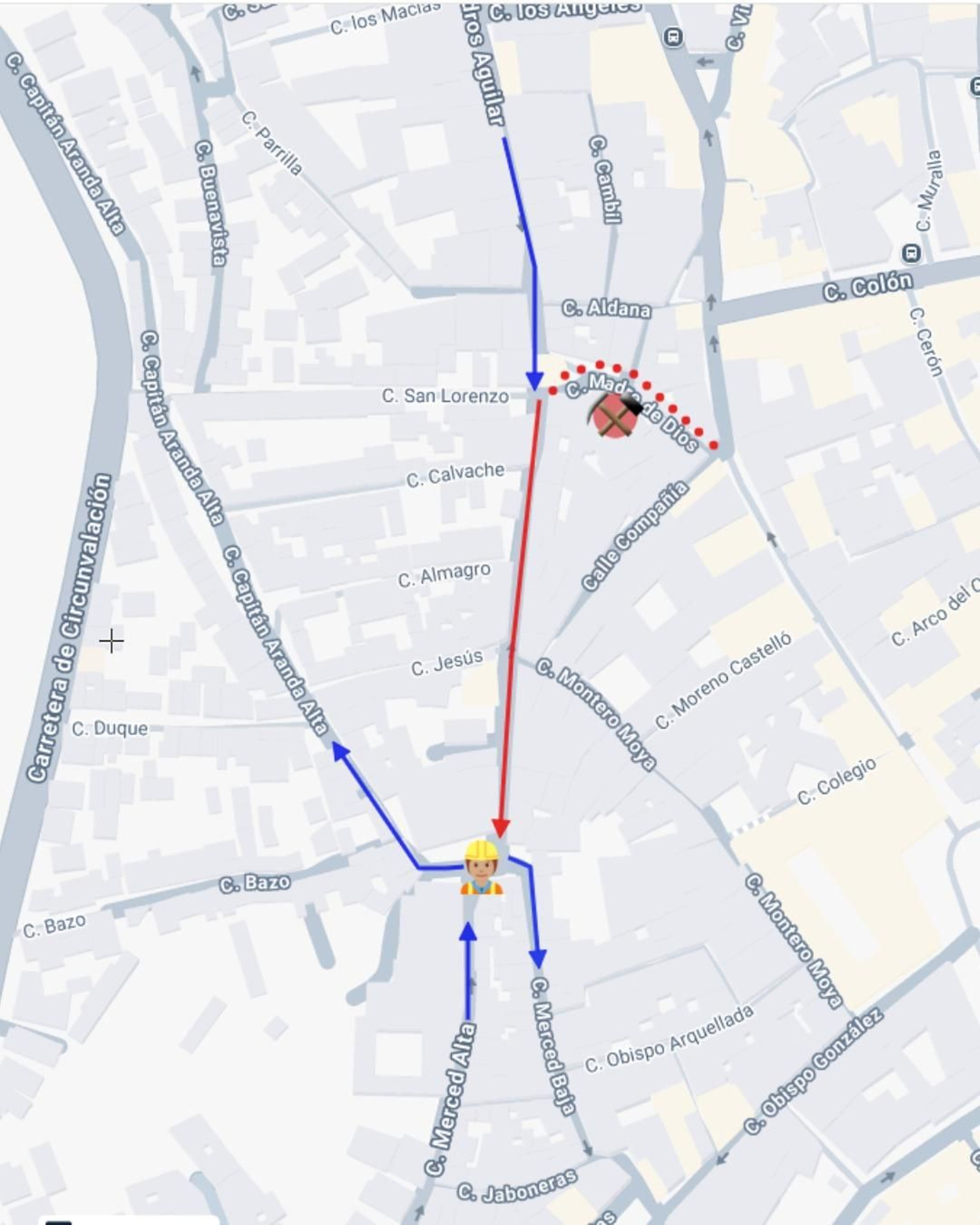 Mapa con la calle afectada y las alternativas.