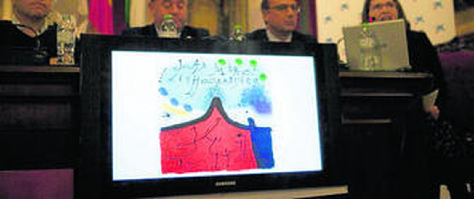 Una de las litografías de Miró que podrán verse en Antequera, presentada a través de una pantalla de plasma.