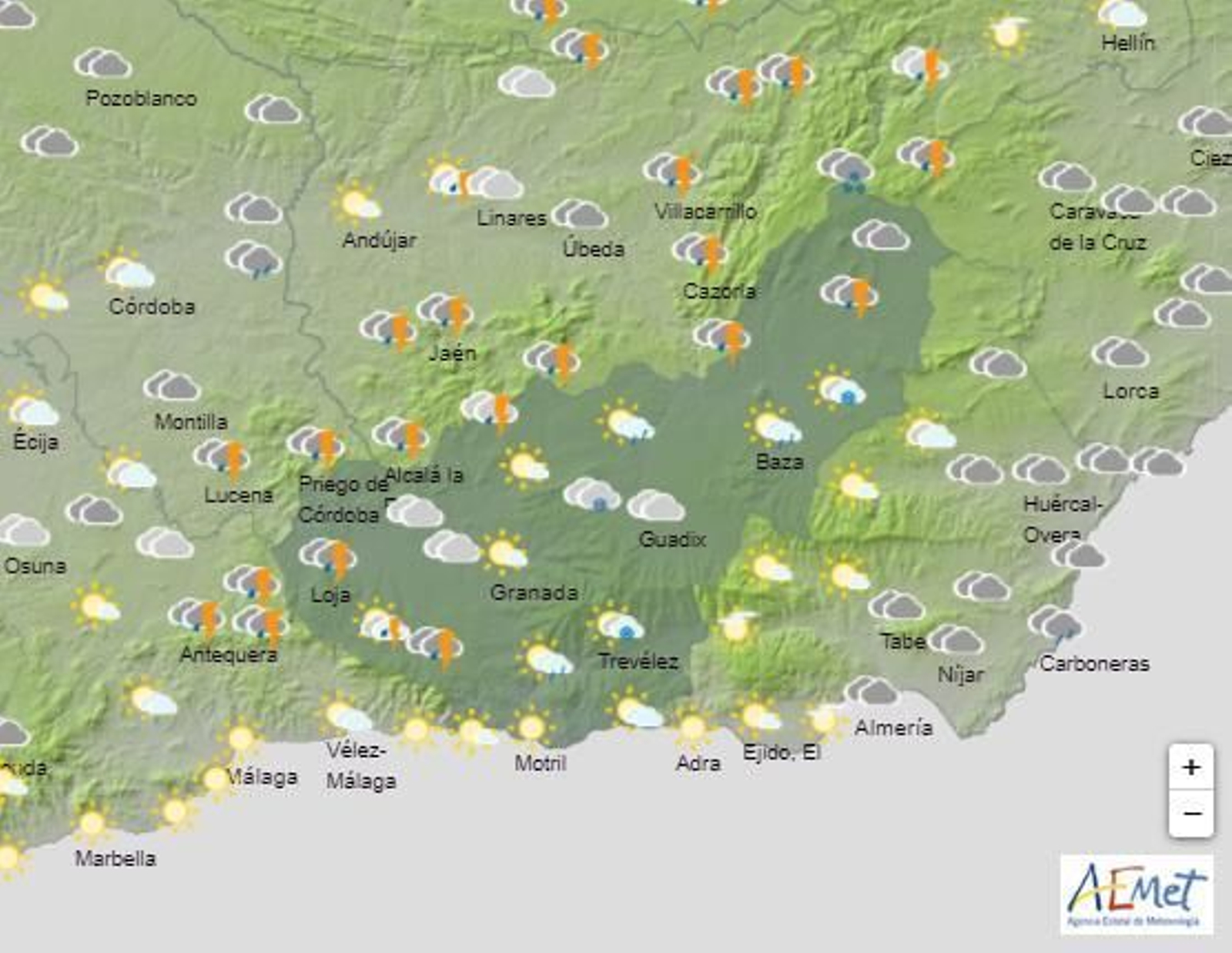 Mapa con la previsión a media tarde del viernes 5 de enero en Granada.