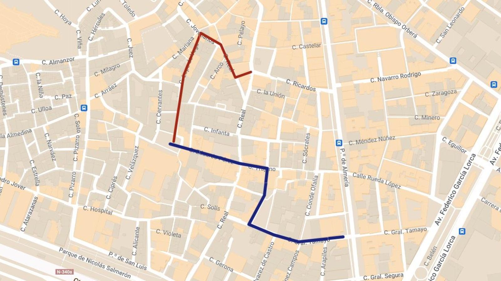 Los dos propuestas de recorrido de Carrera Oficial para la Semana Santa de Almería 2025.