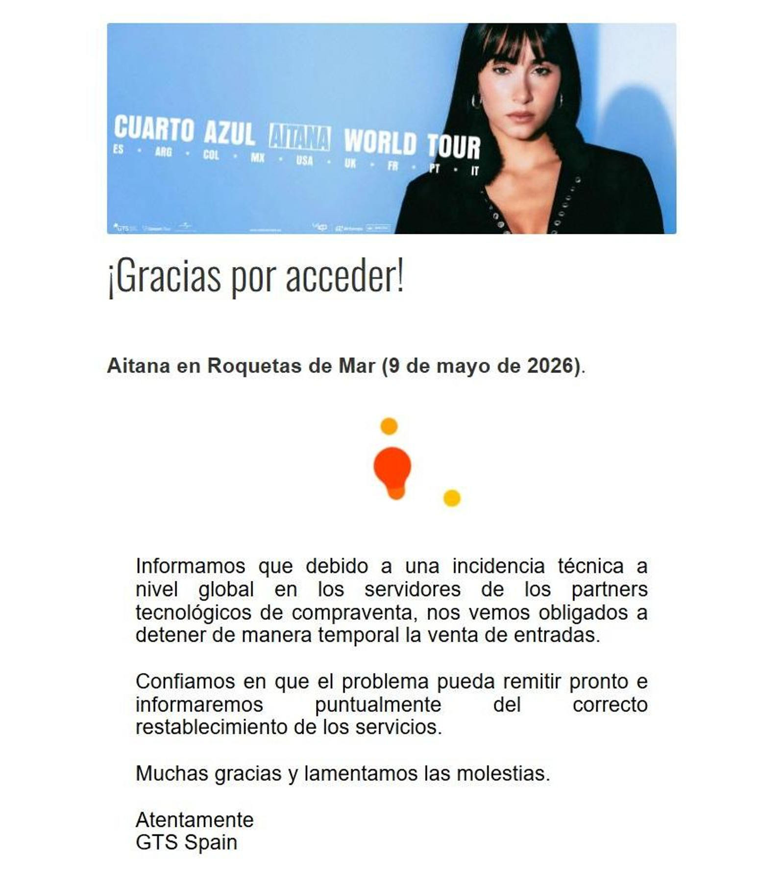 Mensaje de GTS Spain al intentar comprar entradas para el concierto de Aitana en Roquetas.